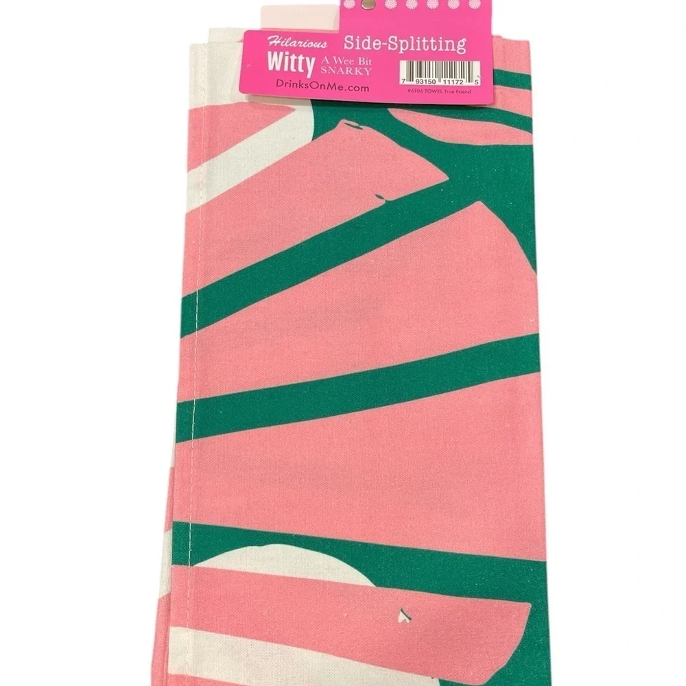 Drinks On Me Cotton Kitchen Towel with Friendship Quote - Pink and Green
